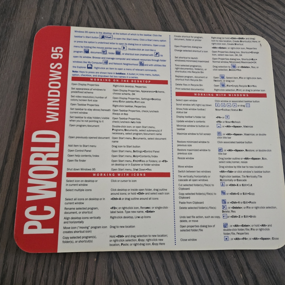 PC World Windows 95 Hard Top Mouse Pad Vintage Quick Keys Short Cuts Directions